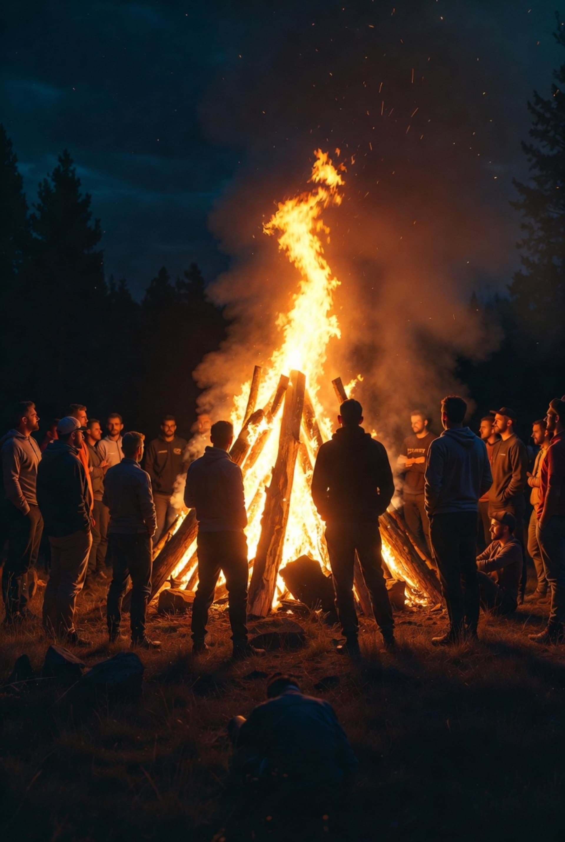 Men gathered around a bonfire at The Heroes' Journey retreat