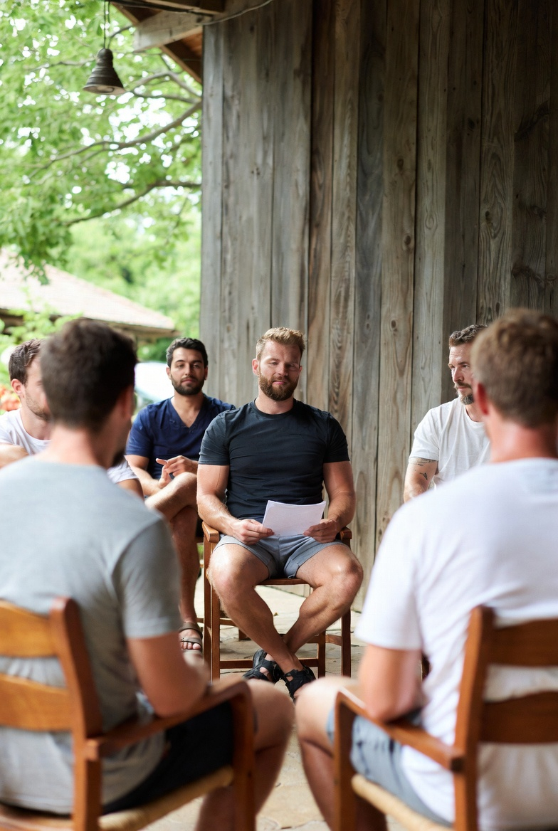 Men in a group session at a lodge during The Heroes' Journey retreat